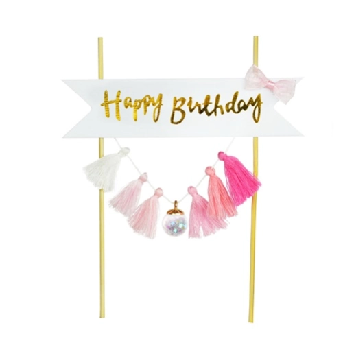 Topper girlanda ozdoby na tort napis Happy Birthday frędzle różowe dekoracje urodzinowe